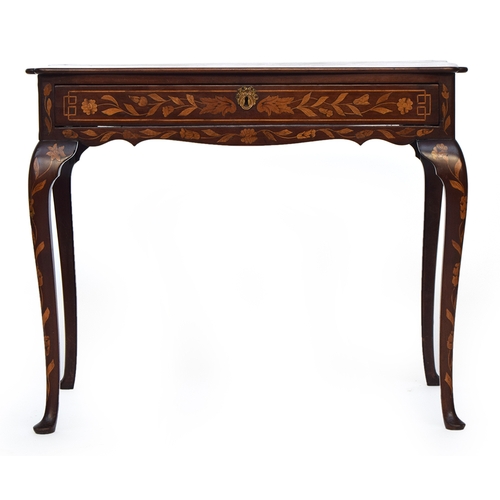 634 - A late 18th/early 19th century Dutch marquetry side table, the shaped moulded top over single frieze... 