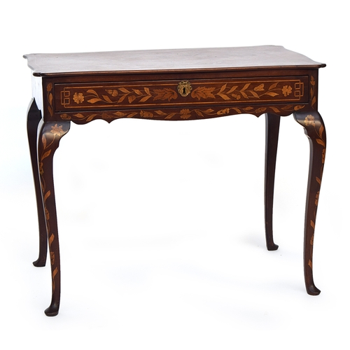 634 - A late 18th/early 19th century Dutch marquetry side table, the shaped moulded top over single frieze... 