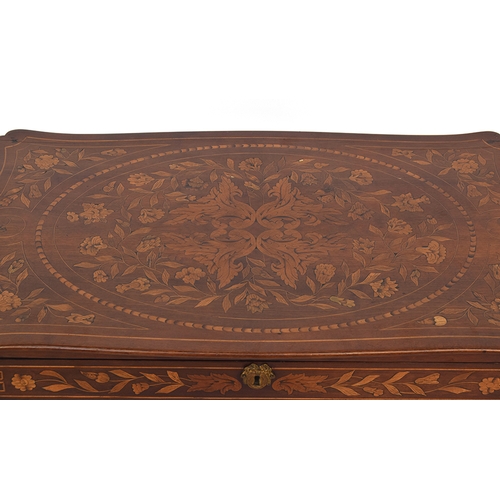 634 - A late 18th/early 19th century Dutch marquetry side table, the shaped moulded top over single frieze... 