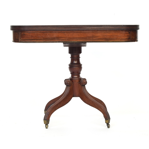 604 - A William IV mahogany tea table, c.1830, foldover top on turned column, hipped and reeded supports o... 