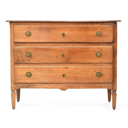 580 - A 19th century Italian walnut serpentine chest of three drawers, moulded top, replacement pressed ha... 