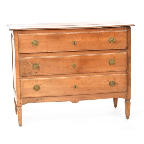 580 - A 19th century Italian walnut serpentine chest of three drawers, moulded top, replacement pressed ha... 