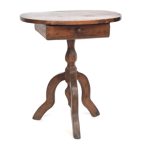 645 - A naive Continental occasional table, oval top over single drawer, on faceted column support with tr... 