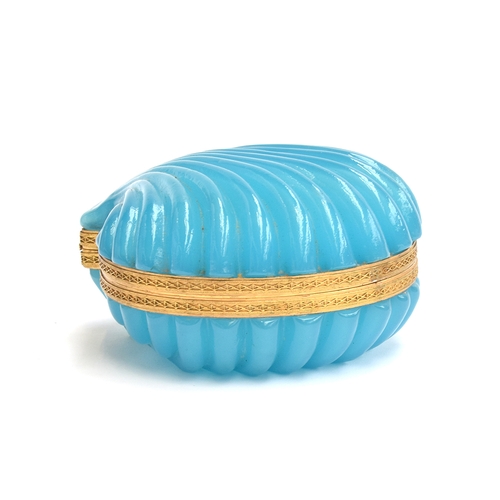 149 - A late 19th century French blue opaline glass and gilt metal mounted casket in the form of a clam sh... 