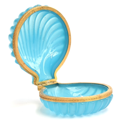 149 - A late 19th century French blue opaline glass and gilt metal mounted casket in the form of a clam sh... 