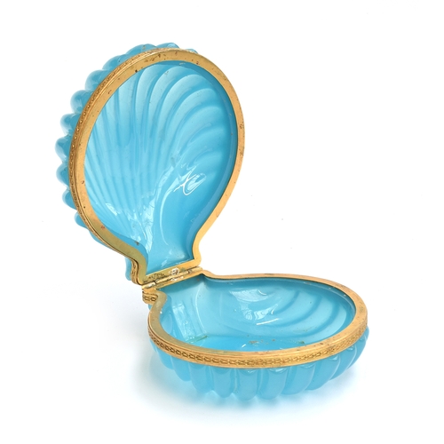 149 - A late 19th century French blue opaline glass and gilt metal mounted casket in the form of a clam sh... 