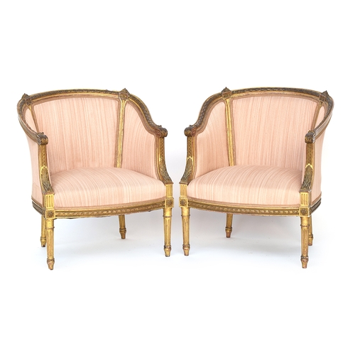 680 - A pair of Italian Louis XVI style giltwood armchairs, carved and curved rail terminating in acanthus... 