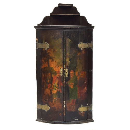 626 - A black japanned bowfront hanging corner cabinet, 18th century, painted with a biblical scene, 57cm ... 