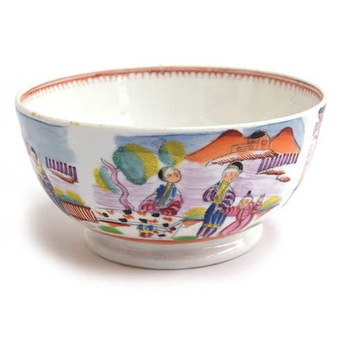 227 - An 18th century Newhall teacup and saucer, 'Boy and the Butterfly' pattern, the cup 10cm diameter, t... 