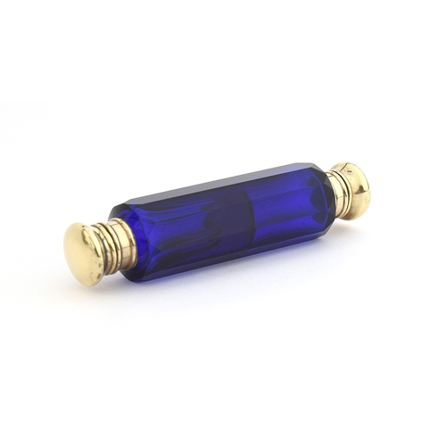 141 - A Victorian blue glass double ended scent bottle, 13cm long