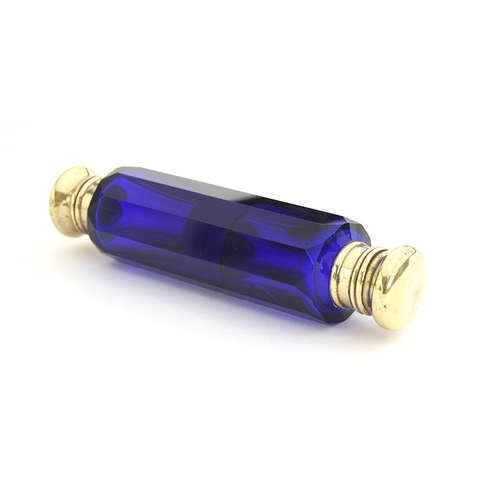 141 - A Victorian blue glass double ended scent bottle, 13cm long