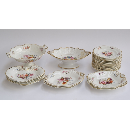 223 - A 19th century part dinner service, 22 pieces, with hand painted floral spray decoration, heightened... 