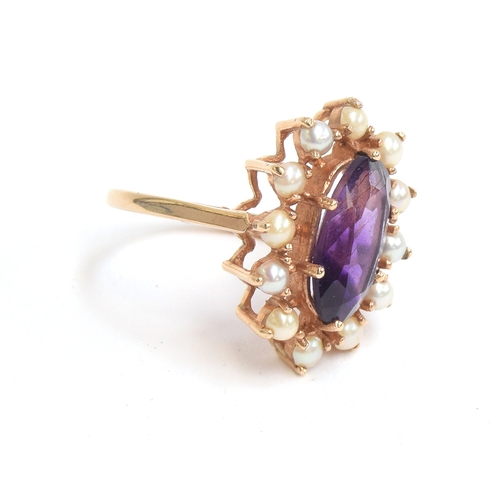 37 - A 9ct gold, amethyst and split pearl cluster ring, size Q 1/2, approx. 5g