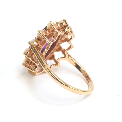 37 - A 9ct gold, amethyst and split pearl cluster ring, size Q 1/2, approx. 5g