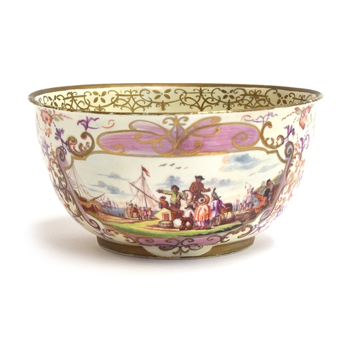 243 - An unusual 19th century Meissen bowl with all over painted decoration, two panels depicting port sce... 