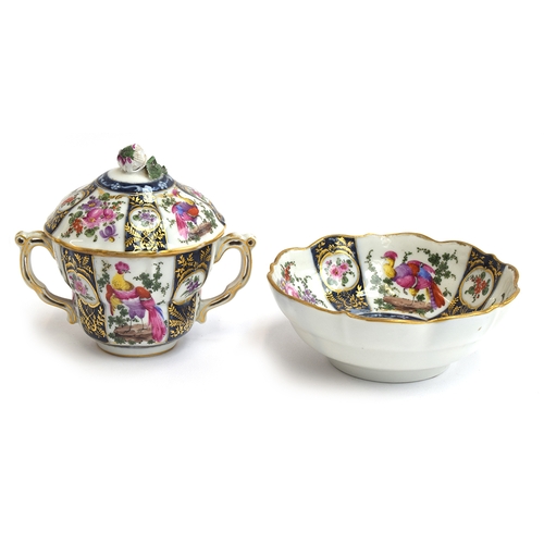 244 - An 18th century Worcester twin handled cup and cover, hand painted with fancy birds and floral spray... 