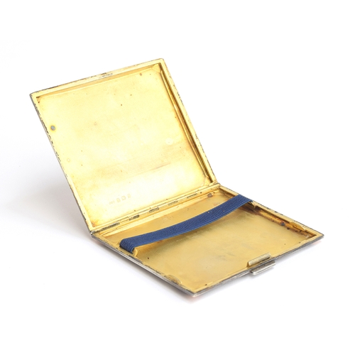 124 - A George V engine turned silver cigarette case by W H Manton Ltd, Birmingham 1933, with yellow metal... 