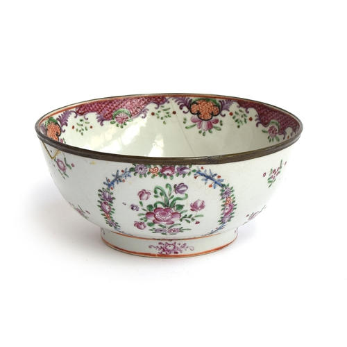 195 - A 19th century Chinese export famille rose bowl, metal mounted rim, repairs, 20cm diameter; together... 