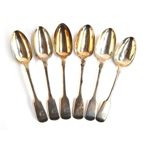 71 - A lot of six fiddle pattern dessert spoons, five marked SS, London 1850, the sixth by Thomas Hart St... 