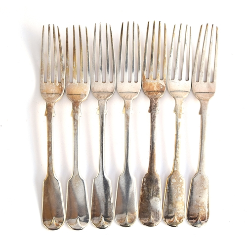 73 - A set of seven Victorian fiddle pattern dessert forks by Josiah Williams & Co, Exeter 1868, 10.6ozt