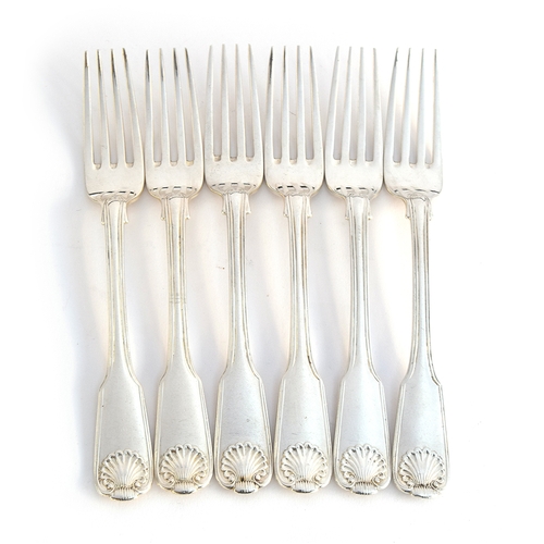 81 - A set of six Victorian Irish king's pattern dessert forks, Dublin 1842, the reverse of the terminals... 