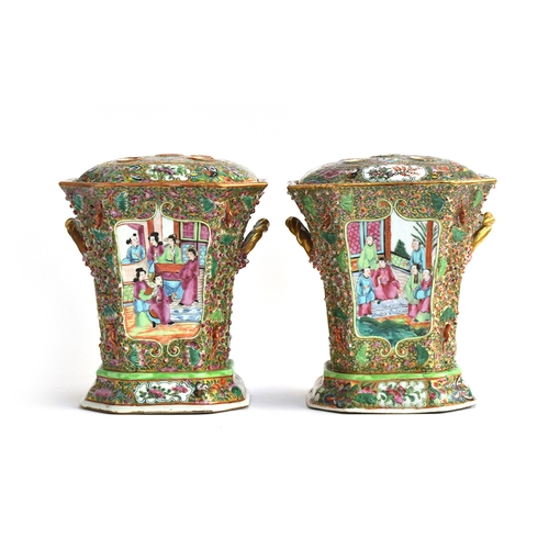 194 - A pair of 19th century Chinese export Cantonese famille rose Bough pots and covers, hand painted wit... 