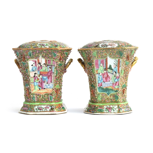 194 - A pair of 19th century Chinese export Cantonese famille rose Bough pots and covers, hand painted wit... 