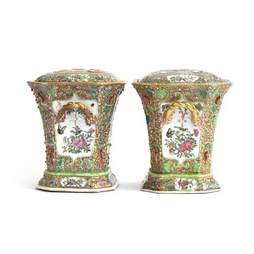 194 - A pair of 19th century Chinese export Cantonese famille rose Bough pots and covers, hand painted wit... 