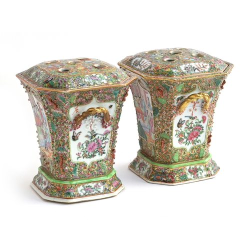 194 - A pair of 19th century Chinese export Cantonese famille rose Bough pots and covers, hand painted wit... 