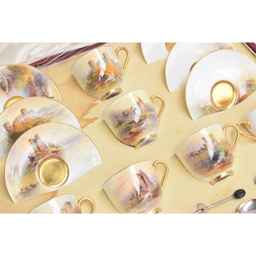 234 - A Royal Worcester cased coffee set, puce date code for 1925, painted and signed by Harry Stinton, de... 