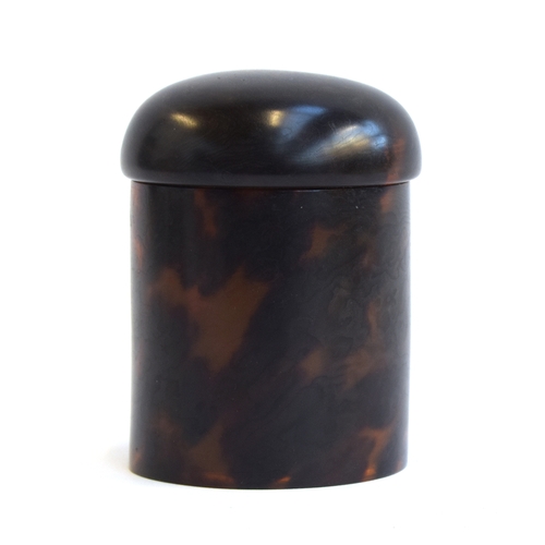 143 - A tortoiseshell lidded screw top canister, 8cm diameter, 11cm high