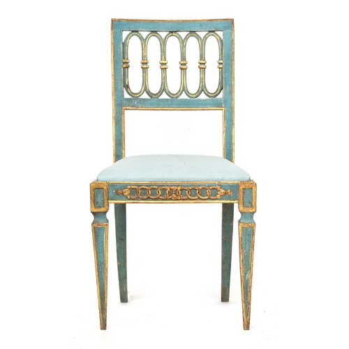 685 - A 19th century painted and parcel gilt side chair, square back, with drop in seat, on square tapered... 