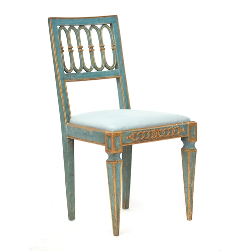 685 - A 19th century painted and parcel gilt side chair, square back, with drop in seat, on square tapered... 