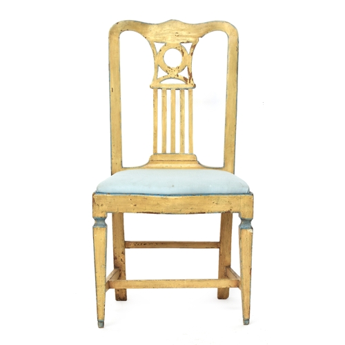 686 - A 19th century polychrome painted Italian side chair, drop in seat on square tapered legs and H stre... 