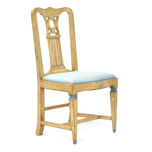 686 - A 19th century polychrome painted Italian side chair, drop in seat on square tapered legs and H stre... 