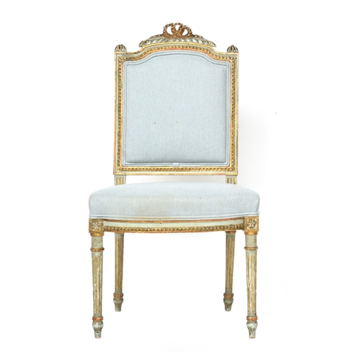 687 - A Louis XVI painted and parcel gilt side chair, ribbon cresting, rectangular back, shaped stuffover ... 