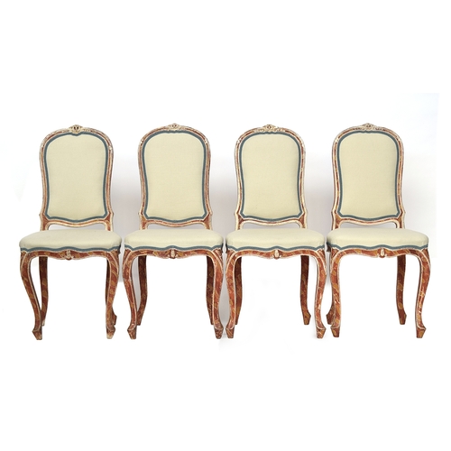 688 - A set of four Italian polychrome painted side chairs, each with shaped cartouche upholstered back, s... 