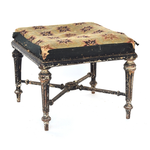 678 - 18th century gilt gesso stool, later painted black, the reeded tapered legs joined by cross stretche... 