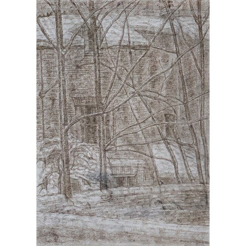 455 - Leonard McComb RA (1930-2018) , 'Back Garden in Snow', pen and ink on paper, 1981, 36x25.5cm