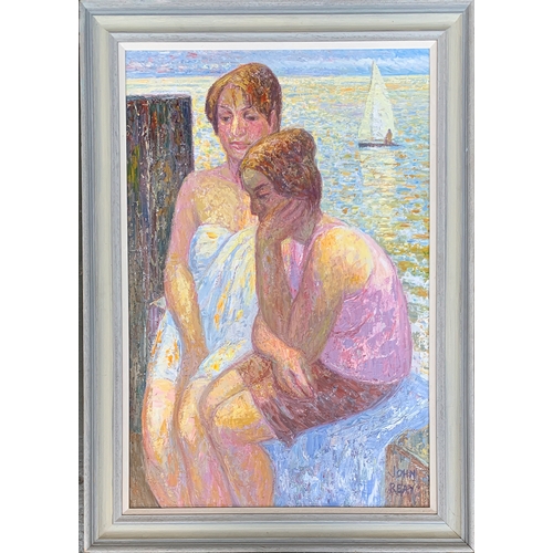 407 - John Reay (1947-2011) Two Girls on Breakwater, oil on board, signed lr.rt., 90 x 60cm