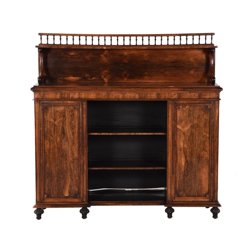 614 - A William IV rosewood side cabinet, circa 1835, with galleried superstructure, the pair of 
cupboard... 