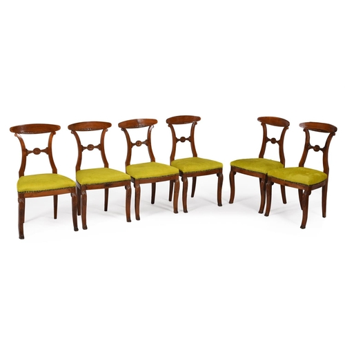 674 - A set of six continental walnut dining chairs, second quarter 19th century, with carved backs, yello... 