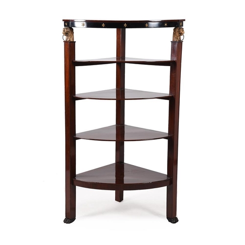 621 - A mahogany, ebonised and parcel gilt corner whatnot in Regency style, late 19th century, with lion h... 