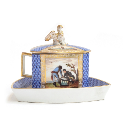 242 - A 19th century Dresden porcelain three sided cup and cover, the lid with eagle finial (wing af), han... 