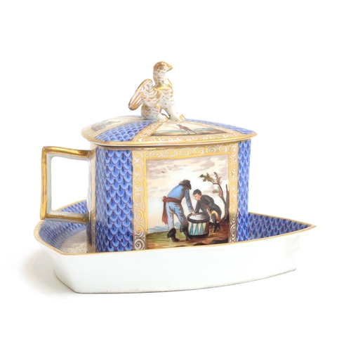 242 - A 19th century Dresden porcelain three sided cup and cover, the lid with eagle finial (wing af), han... 