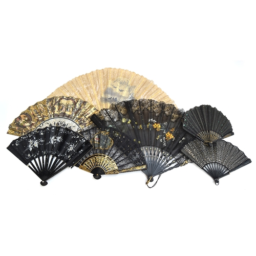 154 - A mother of pearl and lace fan with painted silk panel depicting bluebirds, 35cm long; together with... 