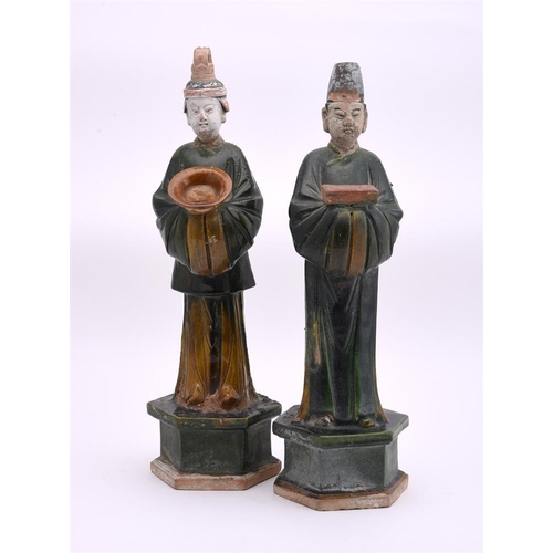 187 - Three Chinese Tang style Sancai figures of musicians, Ming Dynasty or later, 24cm high, together wit... 