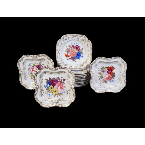 224 - A Chamberlain's Worcester part dessert service, circa 1830 comprising: eleven shaped square plates (... 