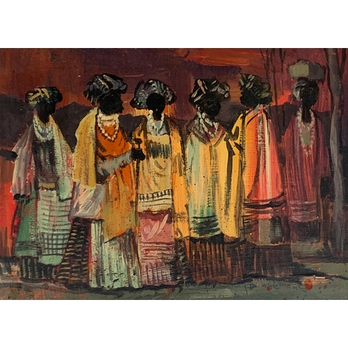 415 - Jan Dingemans (South African, 1921-2001), six robed figures, oil on board, signed, 13x17.5cm