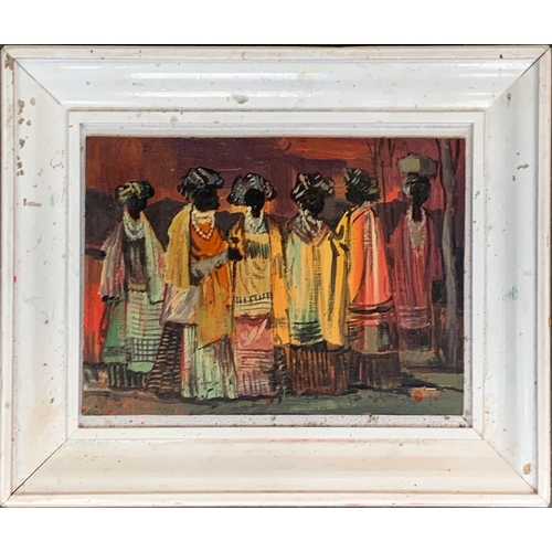 415 - Jan Dingemans (South African, 1921-2001), six robed figures, oil on board, signed, 13x17.5cm